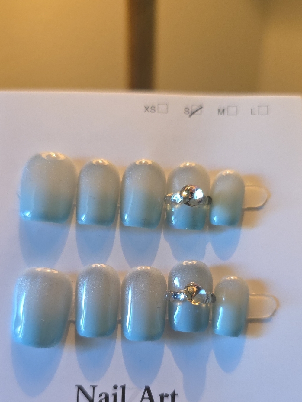 Press-On Nail Set with Silver Accent Gems - Light Blue Size Small